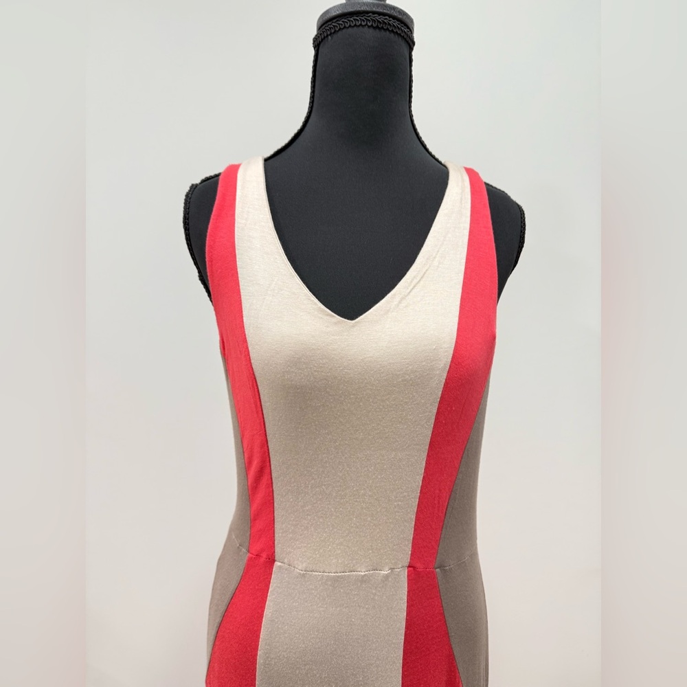 Monteau Cream and Red Sheath Maxi Dress V-Neck Sleeveless - Picture 2 of 6